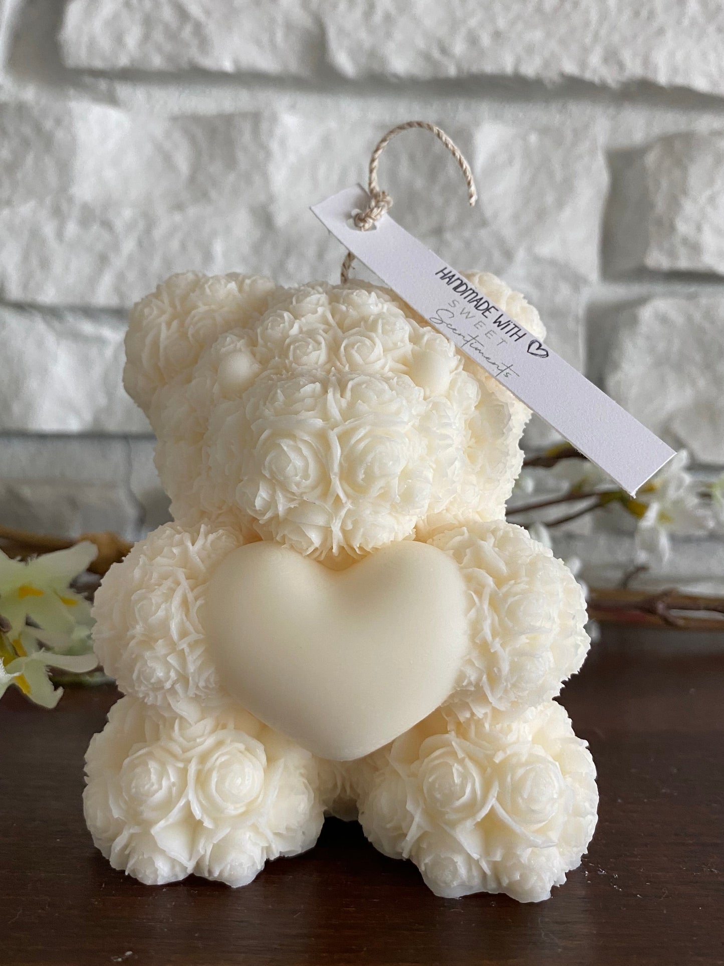 Bear-y Full of Love – Rose Bear Holding a Heart Soy Wax Pillar Candle
