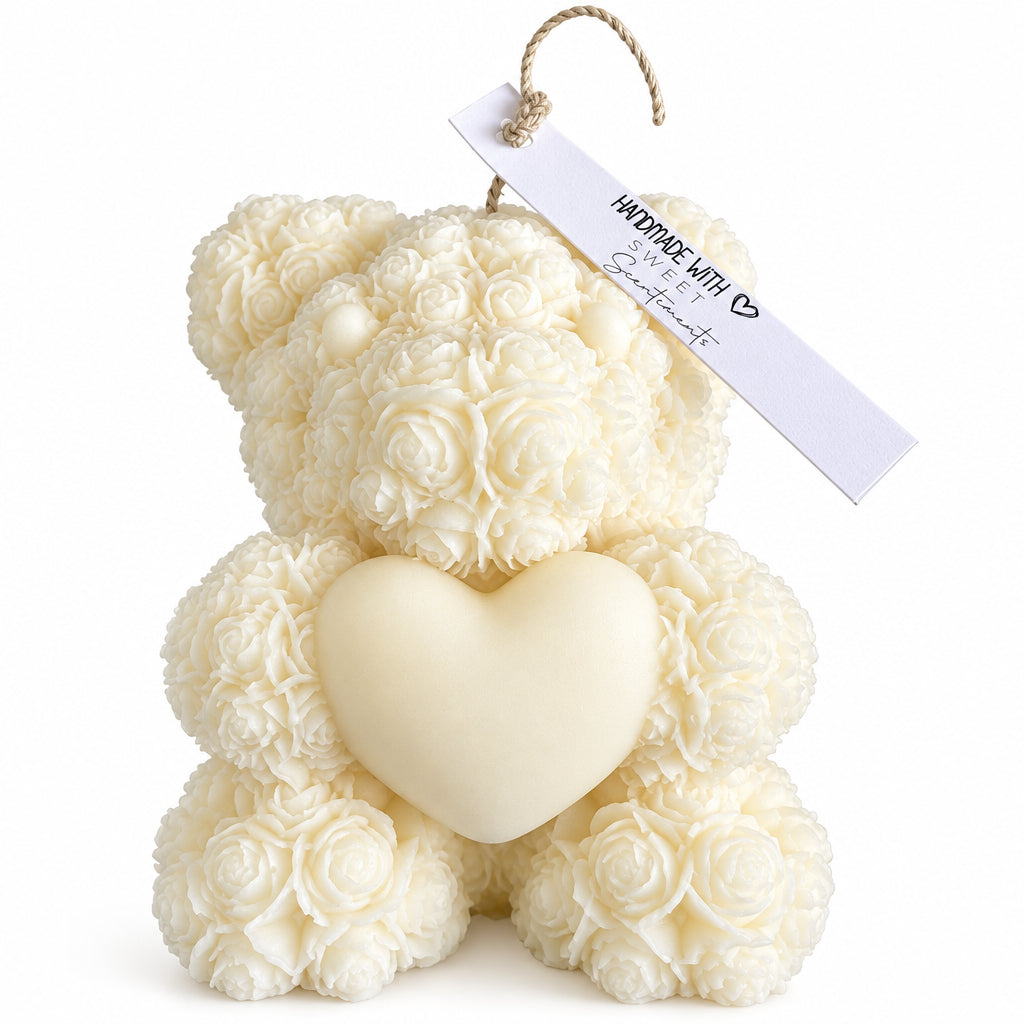 Bear-y Full of Love | Rose Bear Holding a Heart Soy Wax Pillar Candle