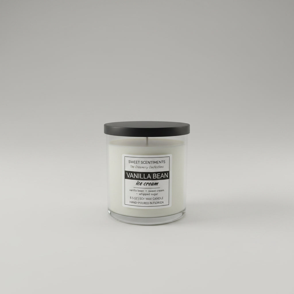 Vanilla Bean Soy Wax Ice Cream Candle | 8.5 oz Glass Tumbler Candle with Black Lid