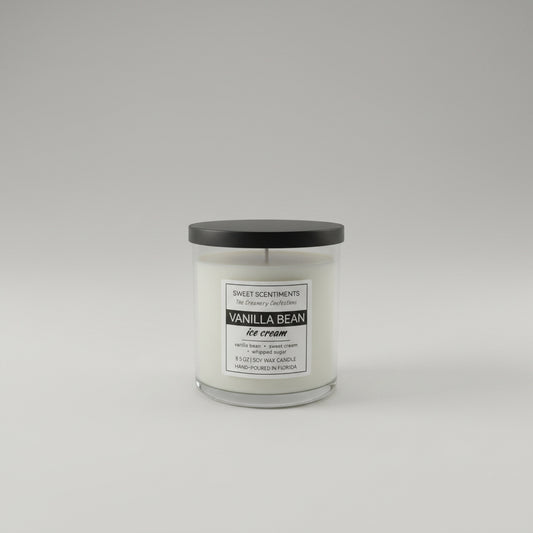 Vanilla Bean Soy Wax Ice Cream Candle | 8.5 oz Glass Tumbler Candle with Black Lid
