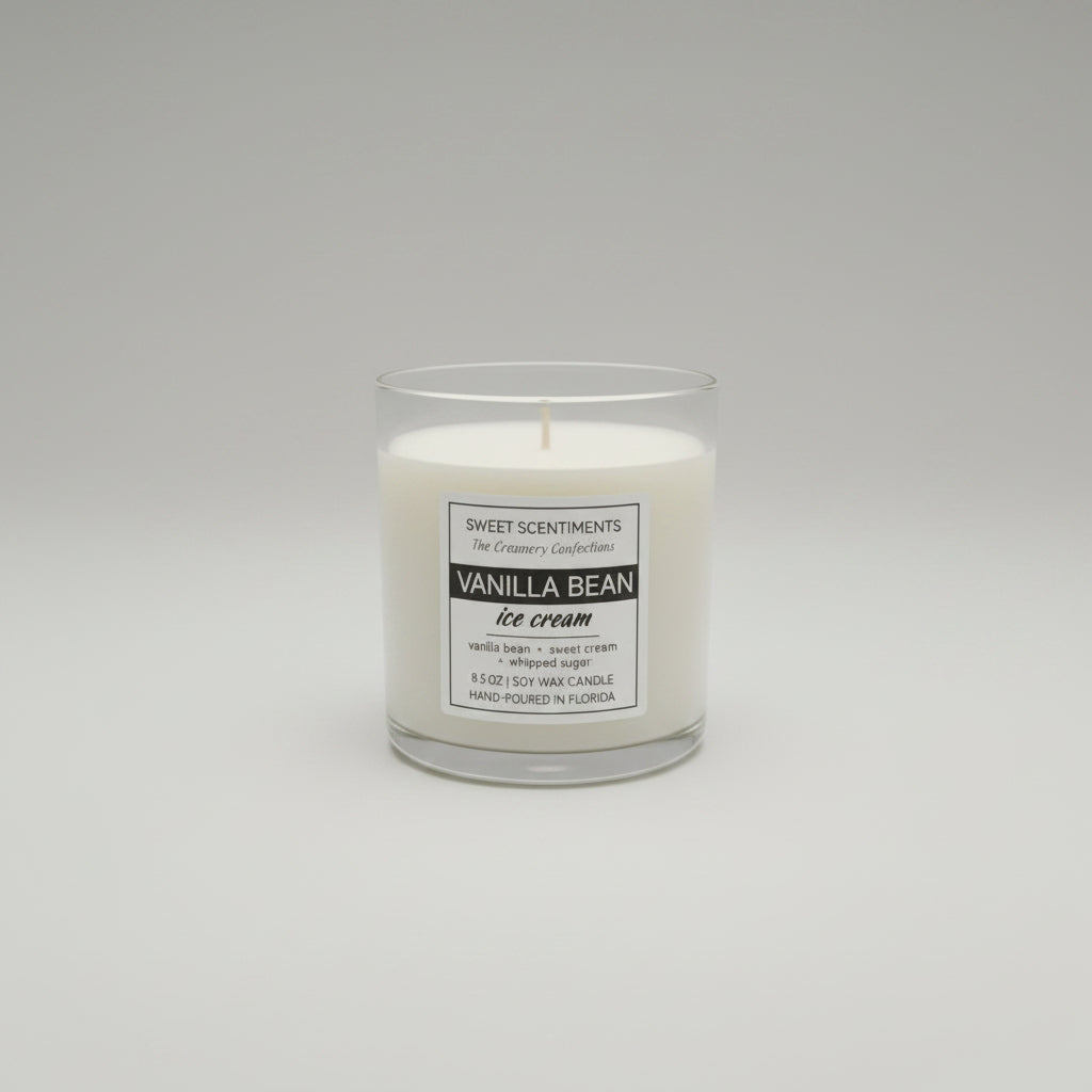 Vanilla Bean Soy Wax Ice Cream Candle | 8.5 oz Glass Tumbler Candle with Black Lid