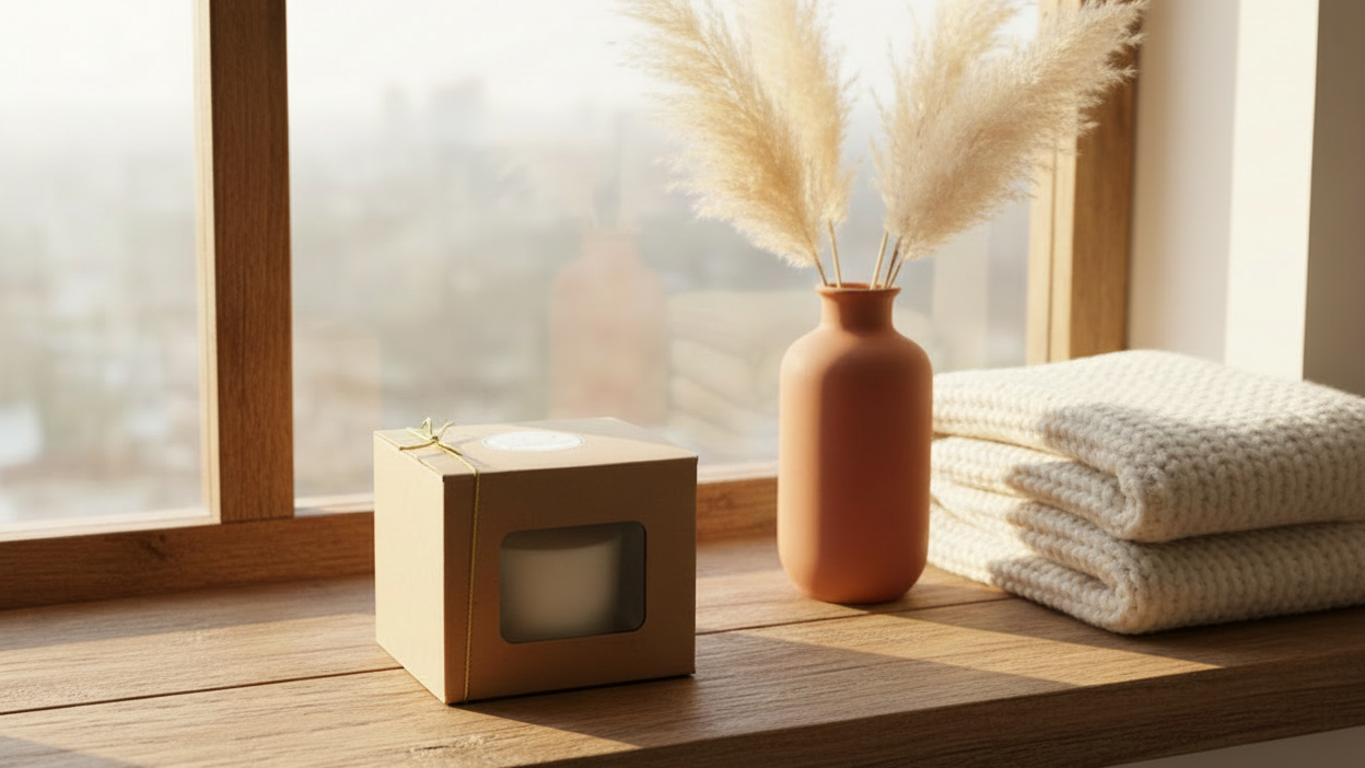 Box with earthy windowsill backdrop, no film